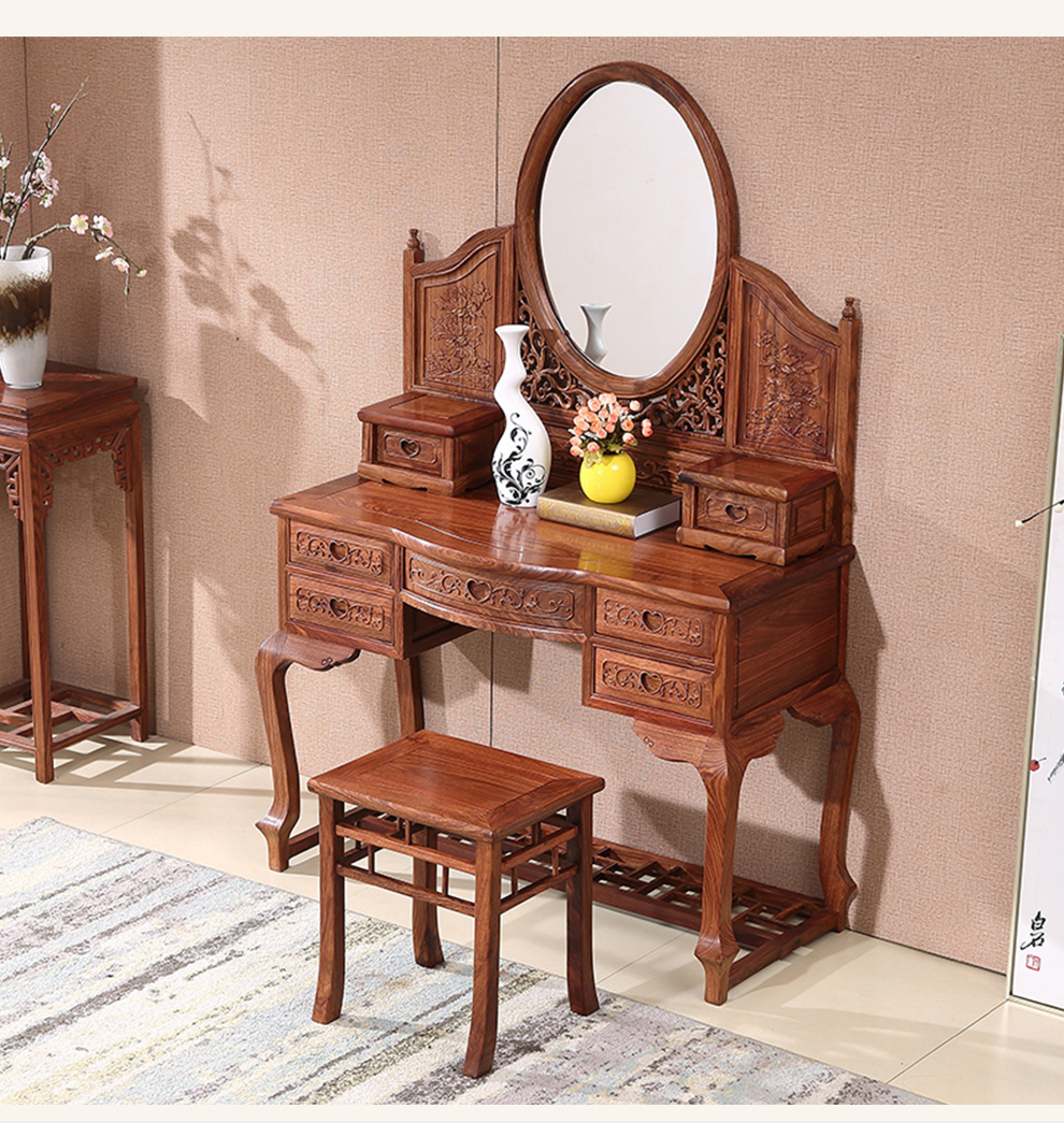 曦世红木家具非洲花梨学名刺猬紫檀梳妆台中式实木带储物抽屉化妆台