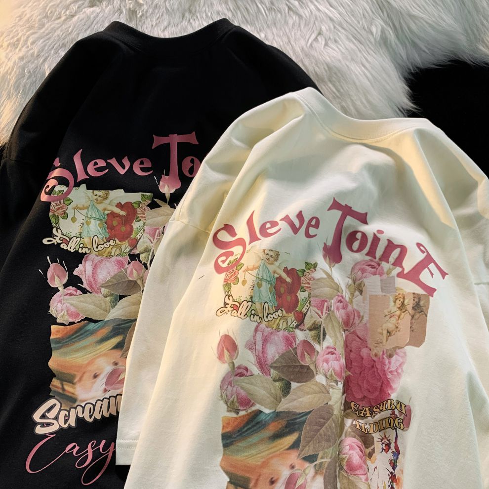 feel lonely 复古中长款玫瑰印花高街宽松t恤短袖情侣2022夏 白色 l