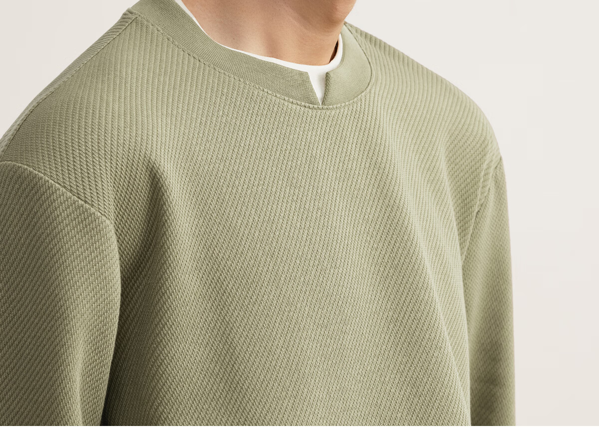 MARKLESS Men's 2025 Autumn New Loose Fit Khaki Green Layered Long Sleeve Sweatshirt, Size L, Model 5406 7