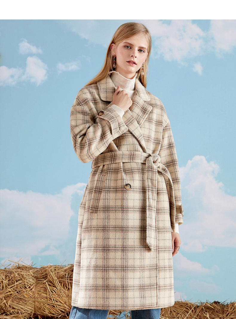 betu百图女装英伦风复古格子毛呢大衣女中长款冬装新品双排扣毛呢外套