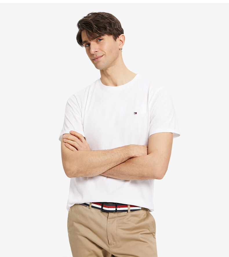 tommy春夏男装都市休闲纯棉舒适透气小绣标圆领短袖t恤68677白色100xs