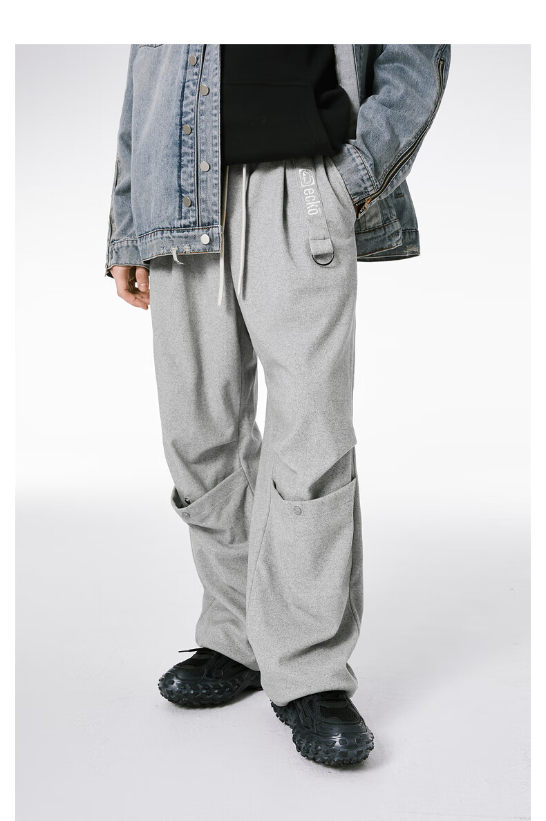 ecko犀牛潮牌2022冬季新款密针刺绣廓形贴袋呢料休闲百搭针织裤男女