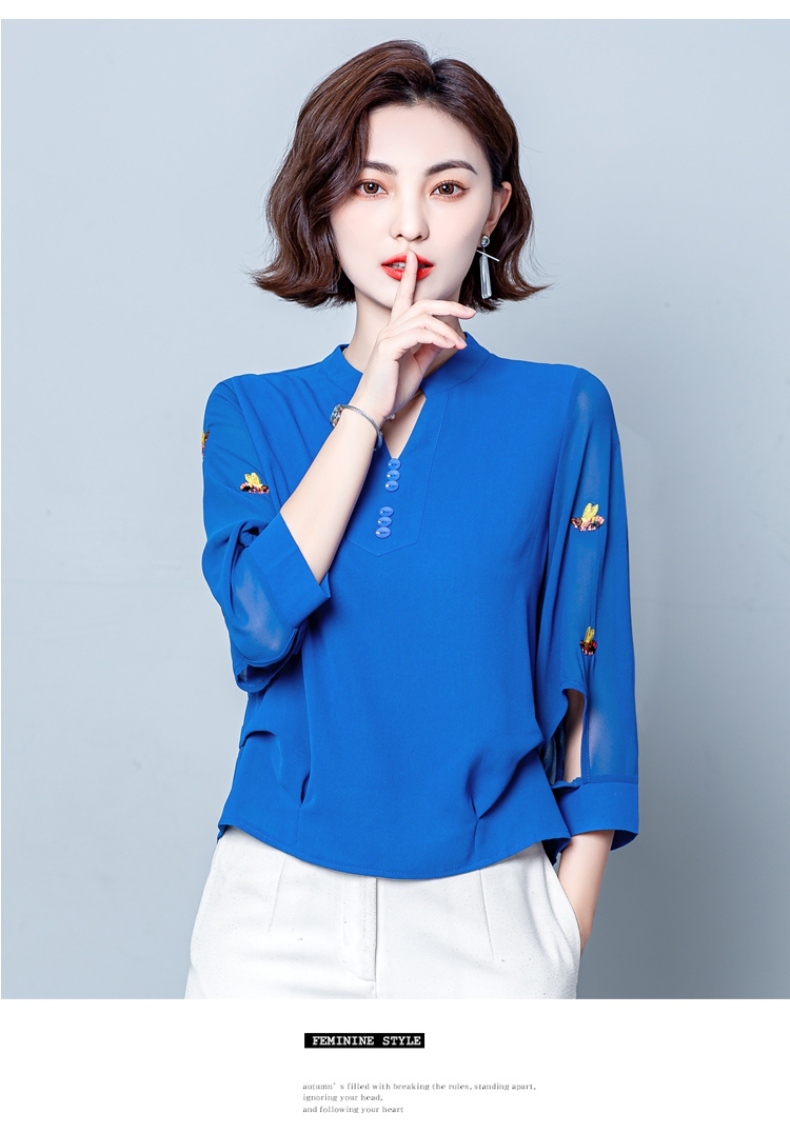 有带领子的t恤中袖女红色雪纺七分袖上衣t恤短款小衫夏装2022新款洋气