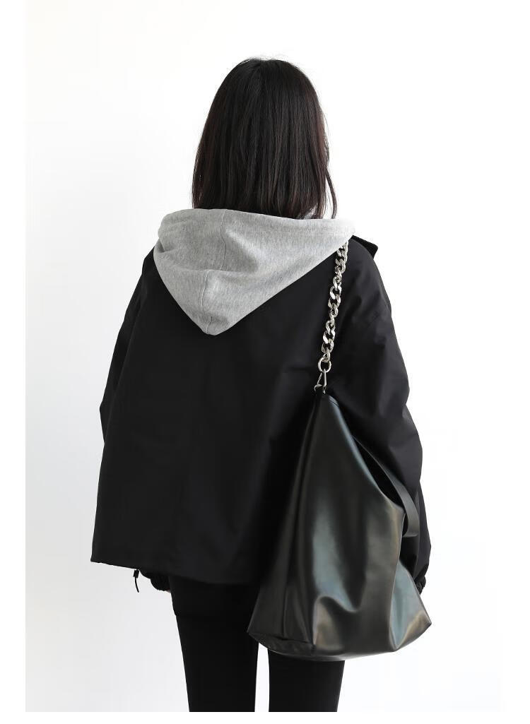 chicven「自由延续」盐系休闲假两件短外套连帽薄棉夹克服女秋冬 灰色