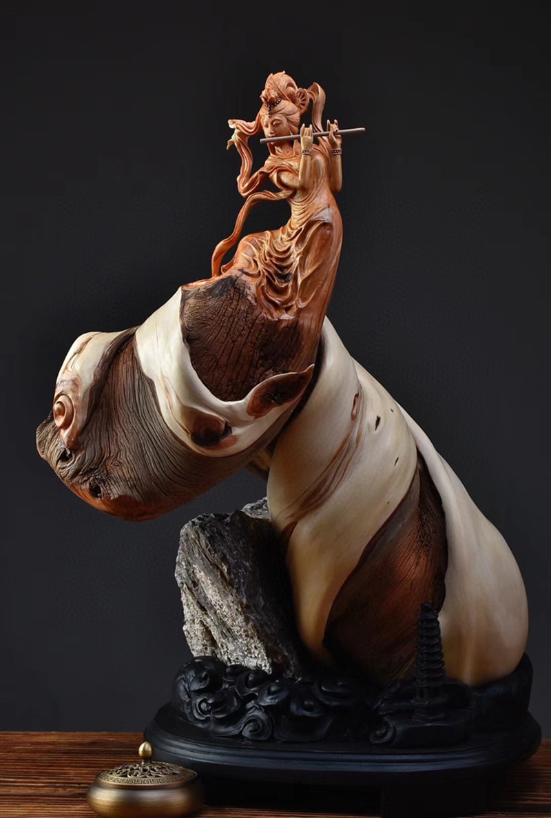 锋纯崖柏女神美女人物山水摆件敦煌飞天雕刻雕塑定制木雕实木真人艺术