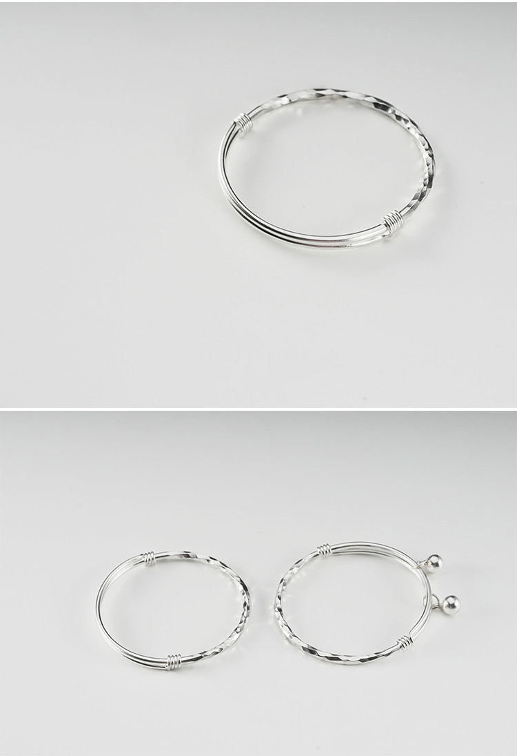 素写足手镯女文艺复古锤纹抽拉式圆镯子实心s999素银饰品成人款手围