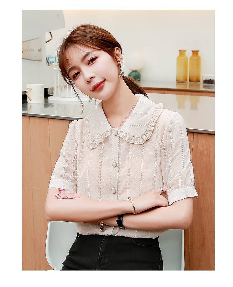 夏装新款雪纺衬衫女娃娃领短袖时尚洋气韩版小衫 米色 s