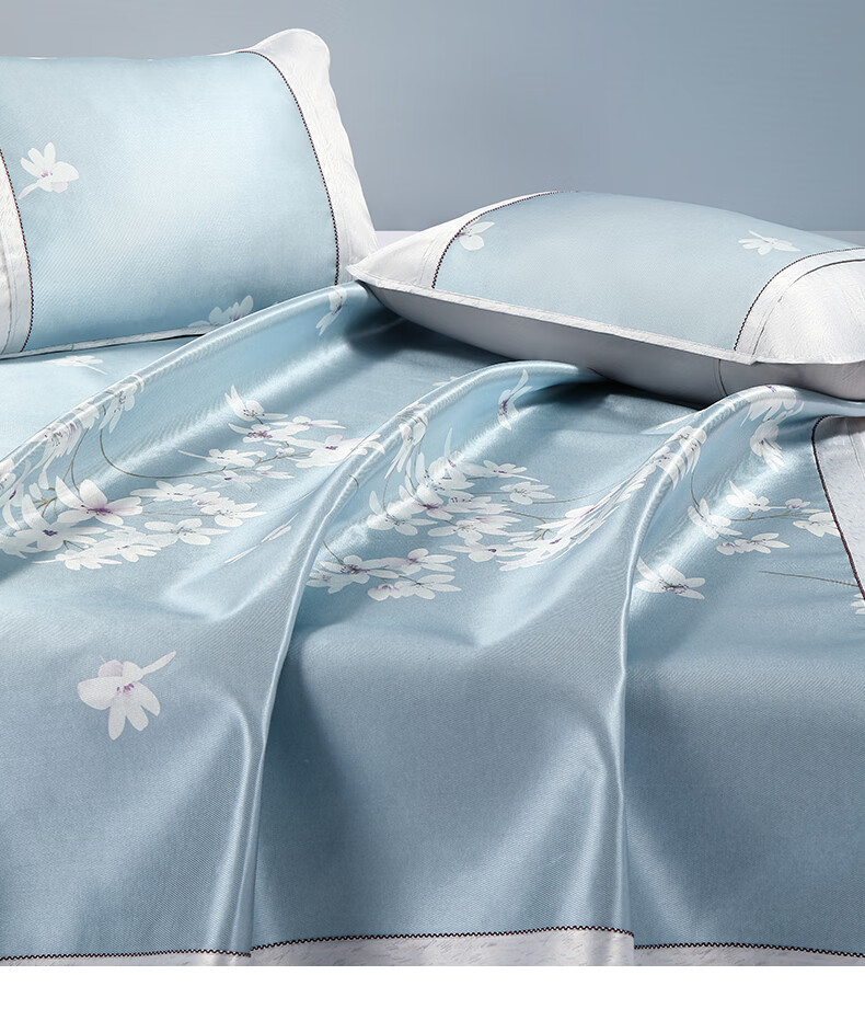 水星家纺花舞幽然印花冰丝席凉席二三件套可折叠冰丝席夏凉席花舞幽然