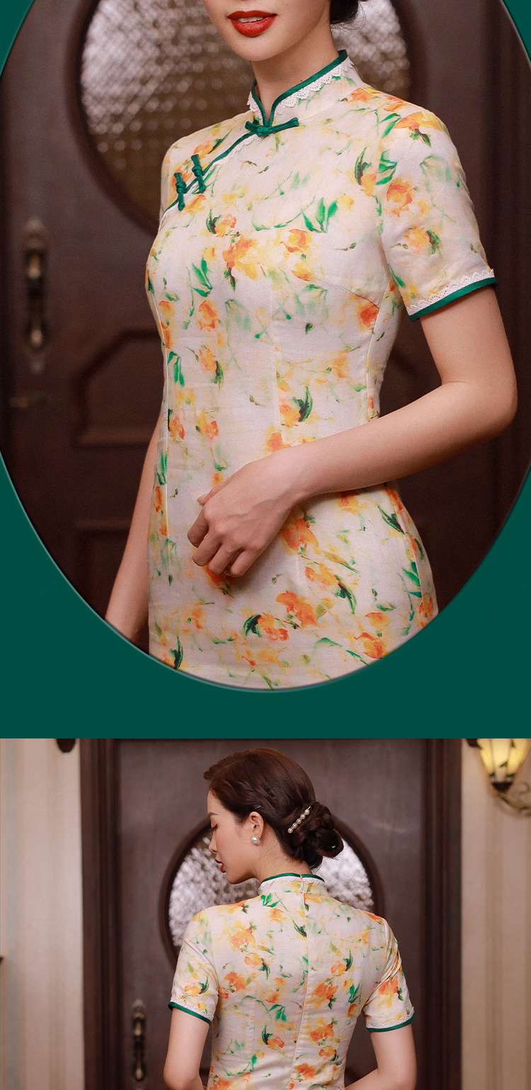 逸红颜旗袍女夏2022新款春婞雪纺简约立领斜襟修身气质复古改良姚黄