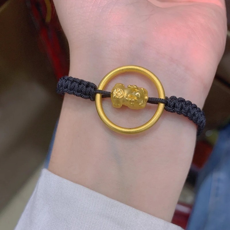 老凤凰黄金素圈貔貅宝宝999足金手链女手工编织手绳手饰品生日礼物送