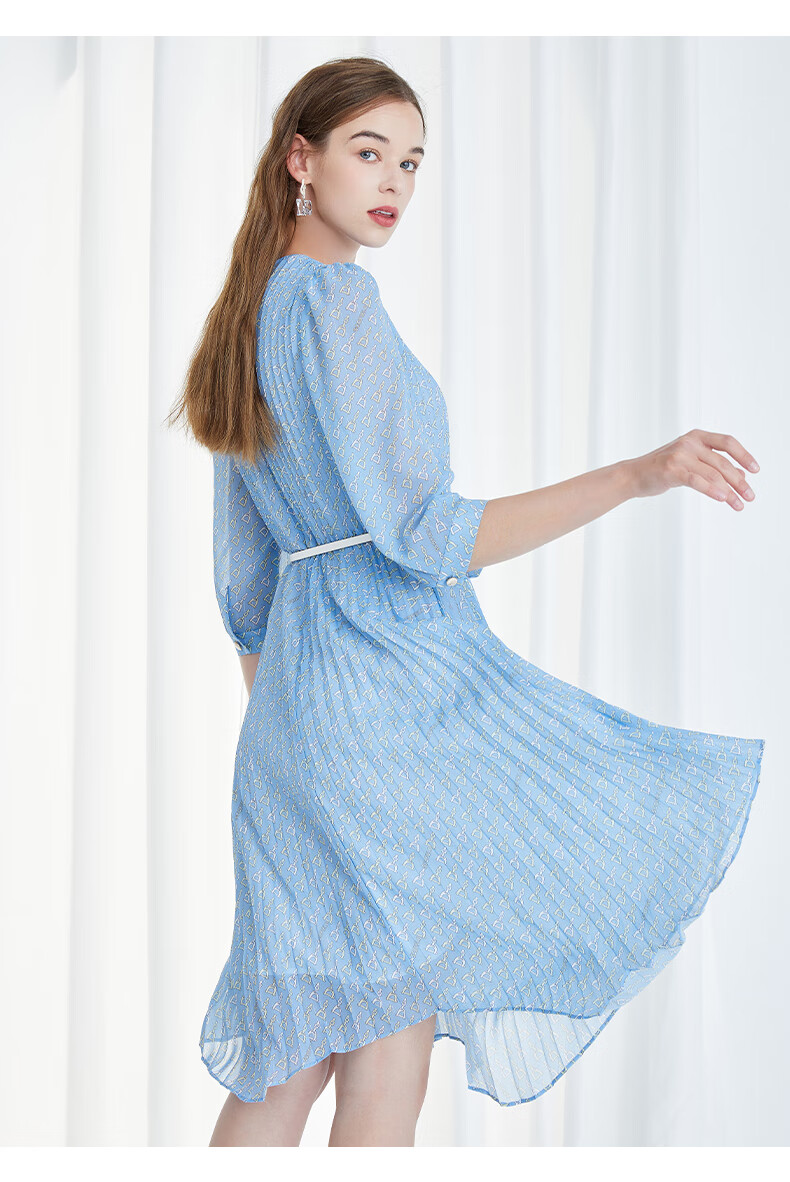 scofield女装22春夏季新品v领气质高腰五分袖设计感中长款连衣裙蓝色