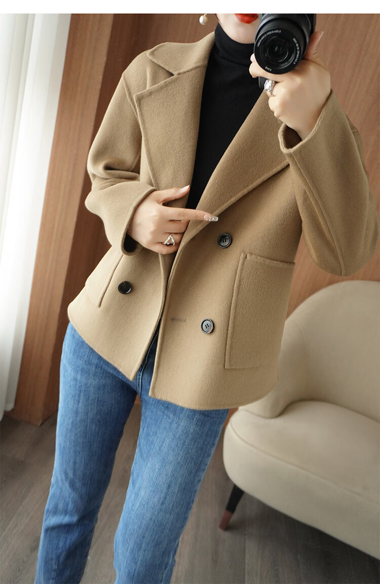 高档轻奢ealv羊绒大衣女双面绒双面短款上衣2022秋冬新款双排扣小个子