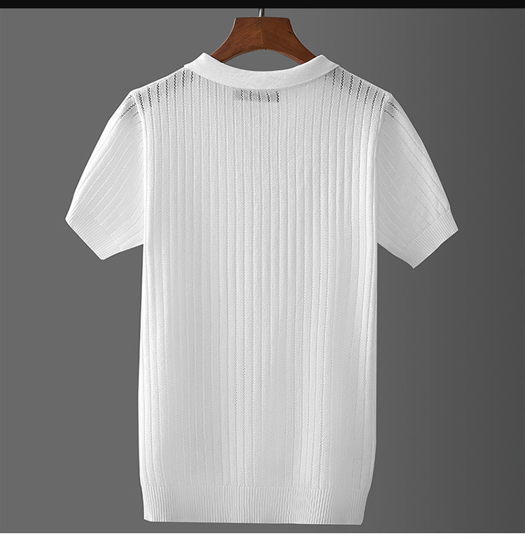 蜜丹丽男装冰丝t恤男男士冰丝短袖镂空针织衫翻领polot恤衫高端商务风