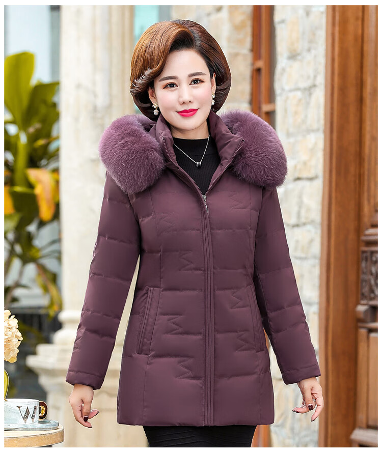 中老年羽绒服女短款加厚中年妈妈冬装防寒服狐狸毛领保暖外套 黑色