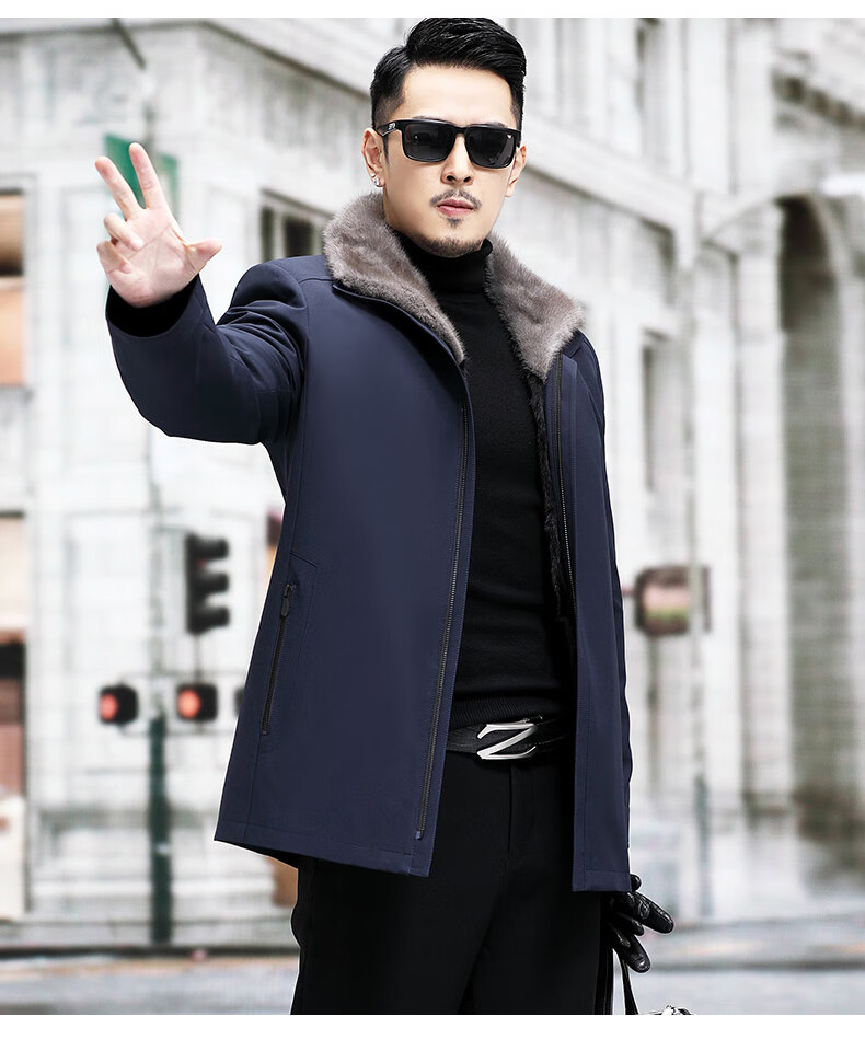 依品诺都 整貂派克服男士翻领中长款皮毛一体海宁水貂皮草尼克服貂皮