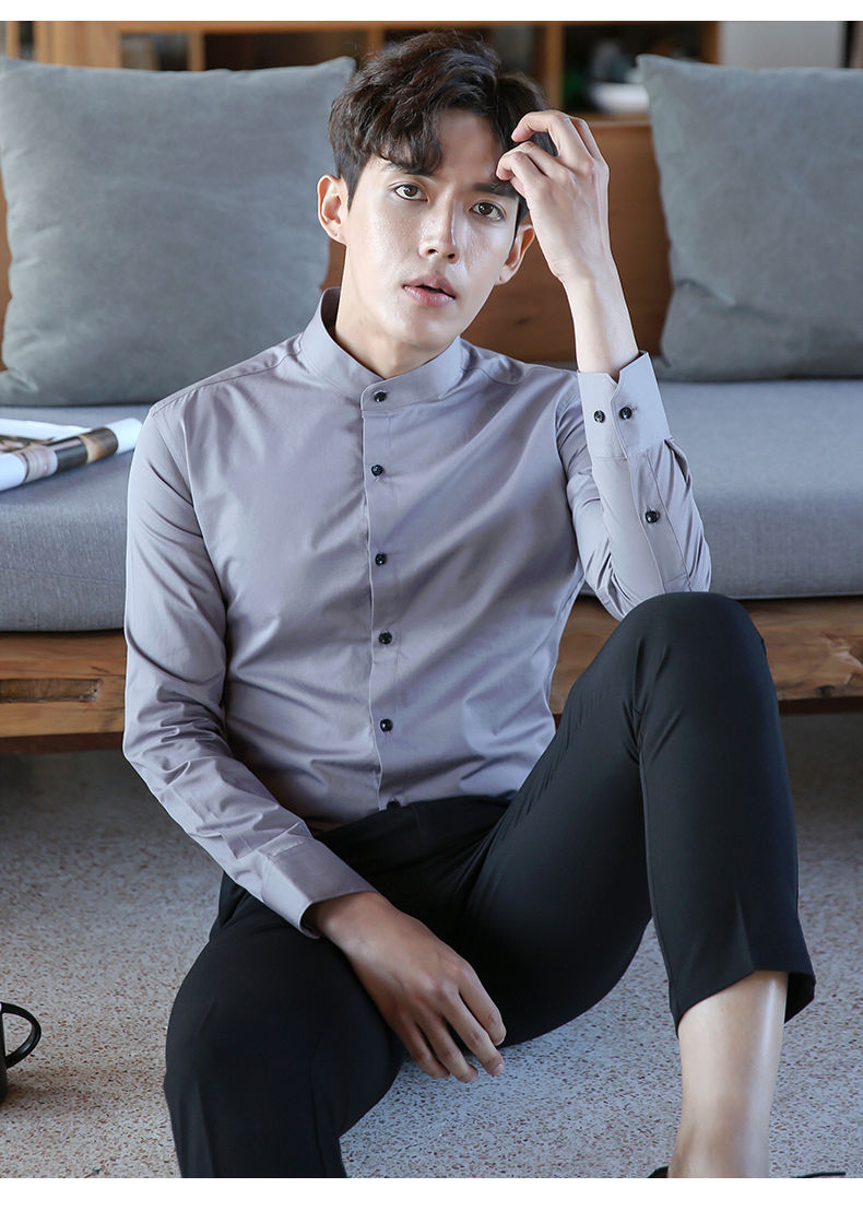 衬衫男长袖圆领修身正装免烫西装职业休闲中华男士衬衣春官方高品质