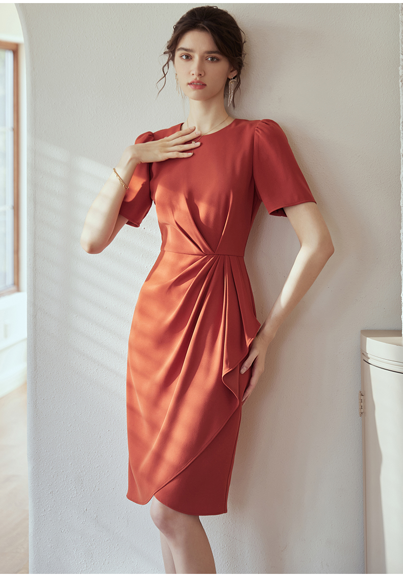 roeyshouse罗衣气质焦糖色褶皱连衣裙女2022夏装新款知性泡泡袖中裙