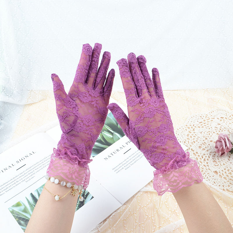 花边夏季薄手套防晒女士弹力婚纱礼仪新娘白黑红玫瑰手套黑色花边1双