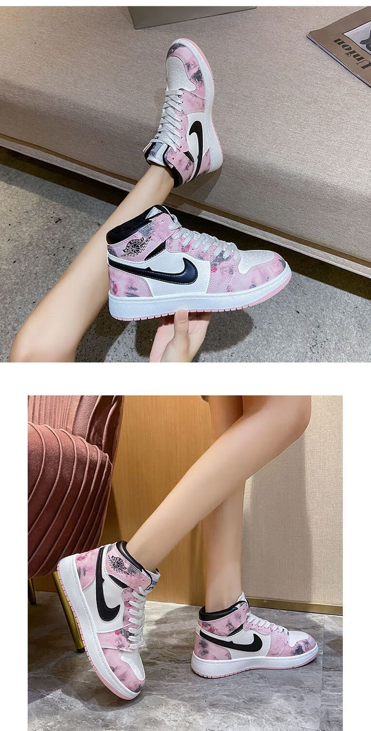 aj女鞋樱花粉高帮板鞋女学生空军一号运动鞋粉色马卡龙休闲鞋 粉色 35