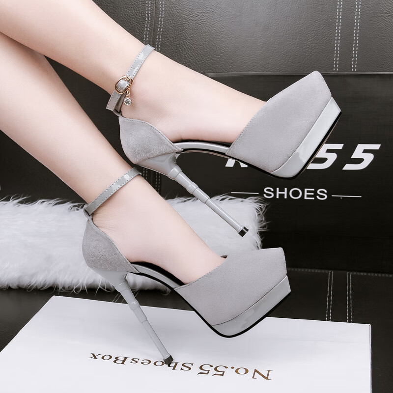 性感鱼嘴高跟鞋细跟水台恨天高女鞋磨砂绑带女凉鞋夏14cmcw 酒红色 34