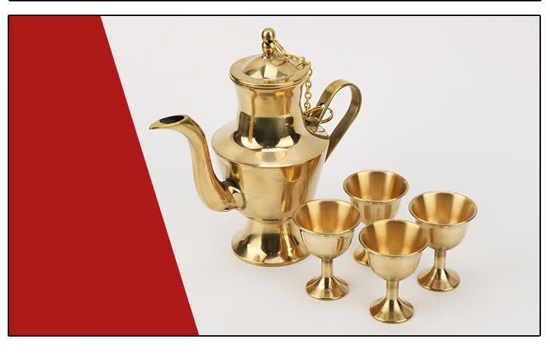 妙如意 结婚老式敬酒铜酒壶铜酒杯套装家用手工烫清黄酒壶怀旧黄铜