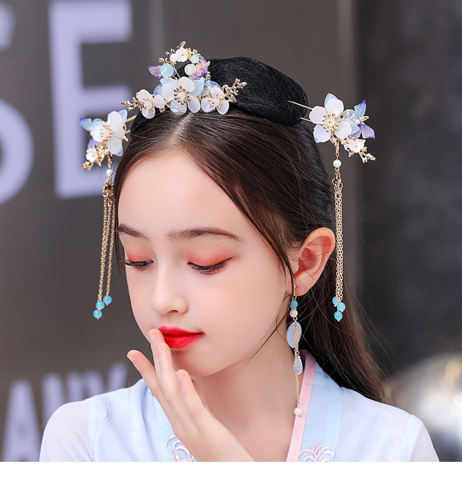 汉服儿童头饰古风发冠发簪步摇流苏中国风古代公主女童古装发饰品一对