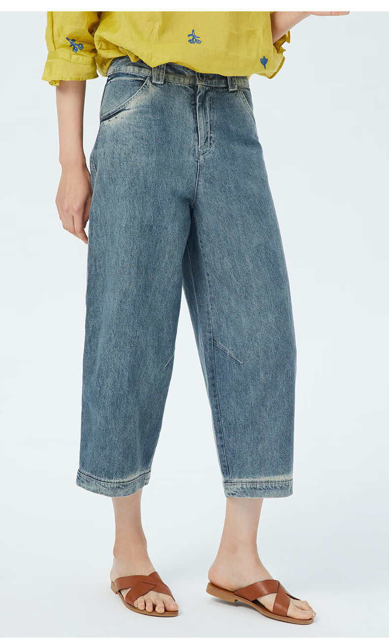 斯琴女裤仔蓝色纯棉八分宽松休闲阔腿牛仔裤ckc2016仔兰xxl