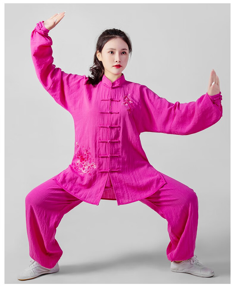 太极服棉麻女春秋季武术服团体表演服演出服亚麻棉太极拳练功服套装乳