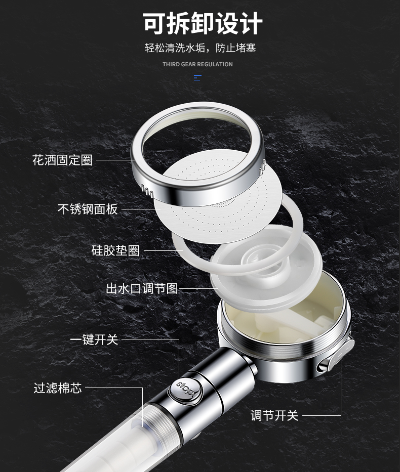 止水增压淋浴花洒喷头淋雨家用高压洗澡沐浴头莲蓬头软管支架套装白色