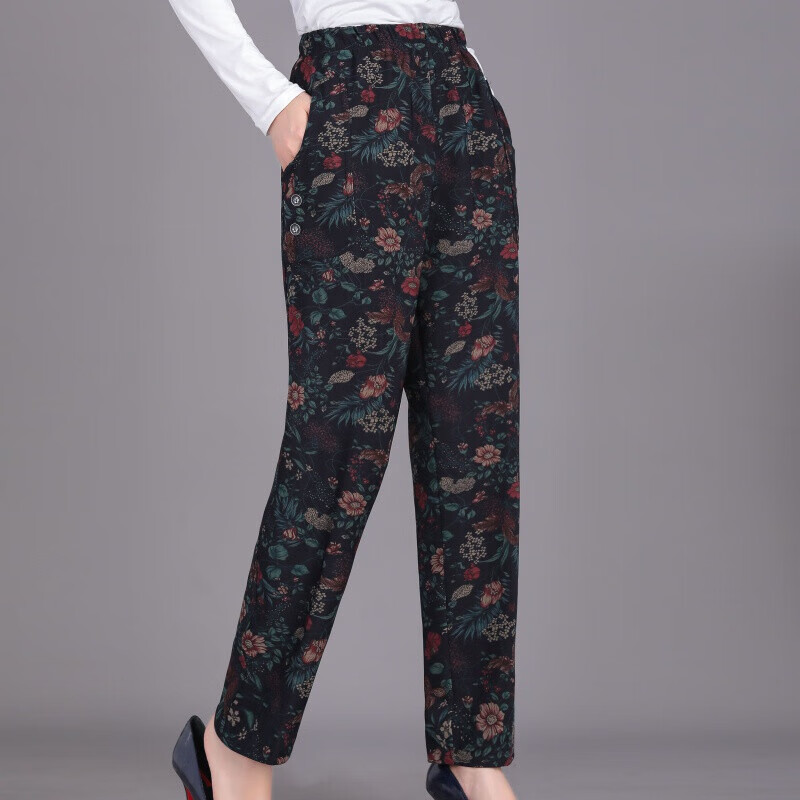 秋装裤子女新款秋中老年女裤高腰弹力直筒裤休闲裤妈妈裤子印花老太裤