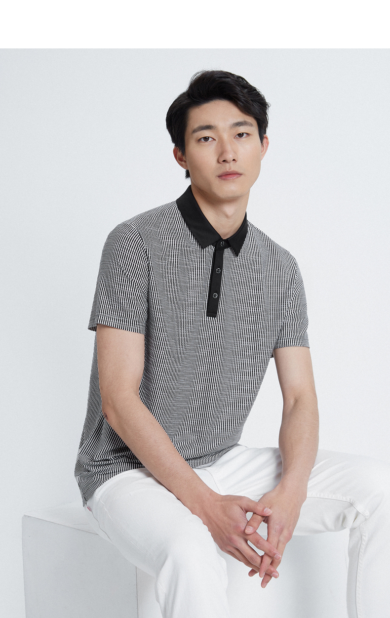 利郎官方polo衫短袖男士2022夏季休闲条纹弹力黑白间色翻领男士短袖