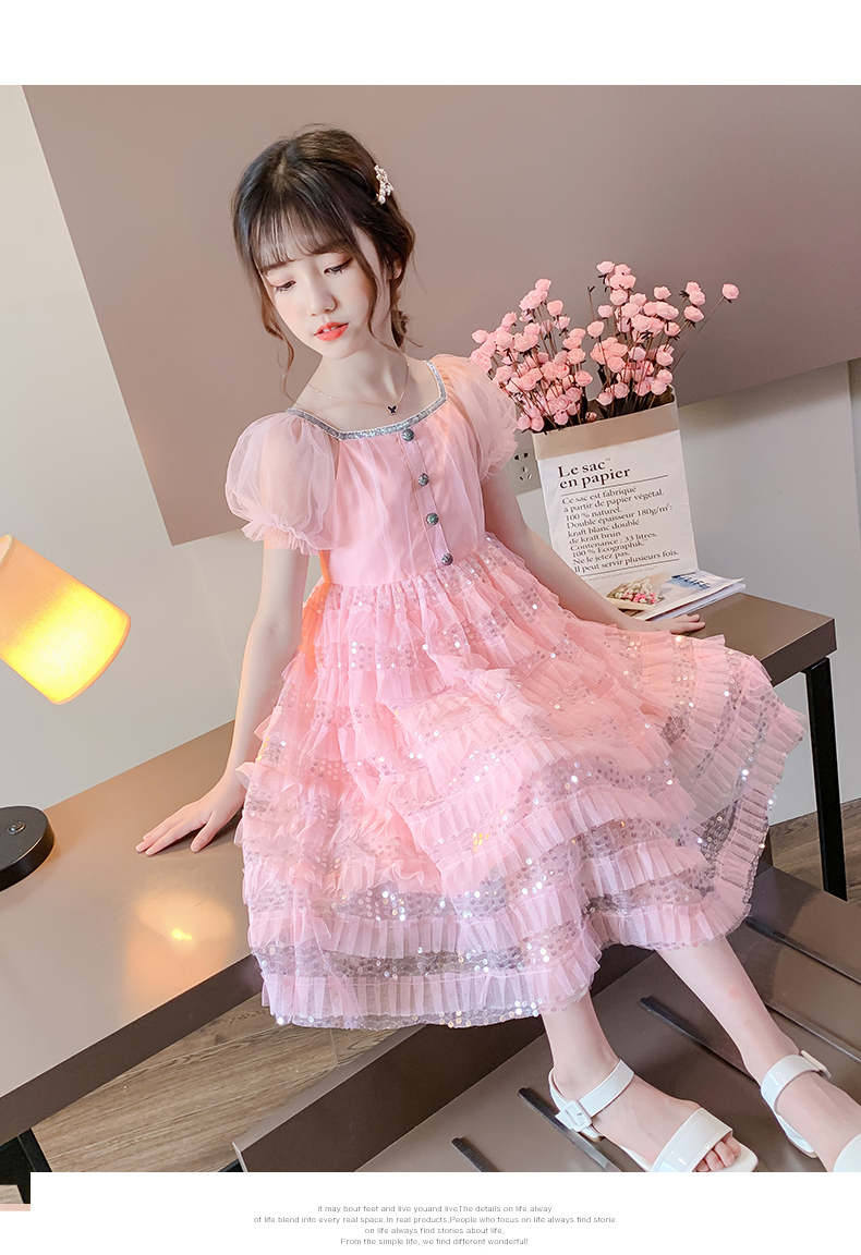 公主裙2022新款童装夏装儿童裙子短袖女童连衣裙小女孩纱裙美人鱼粉色