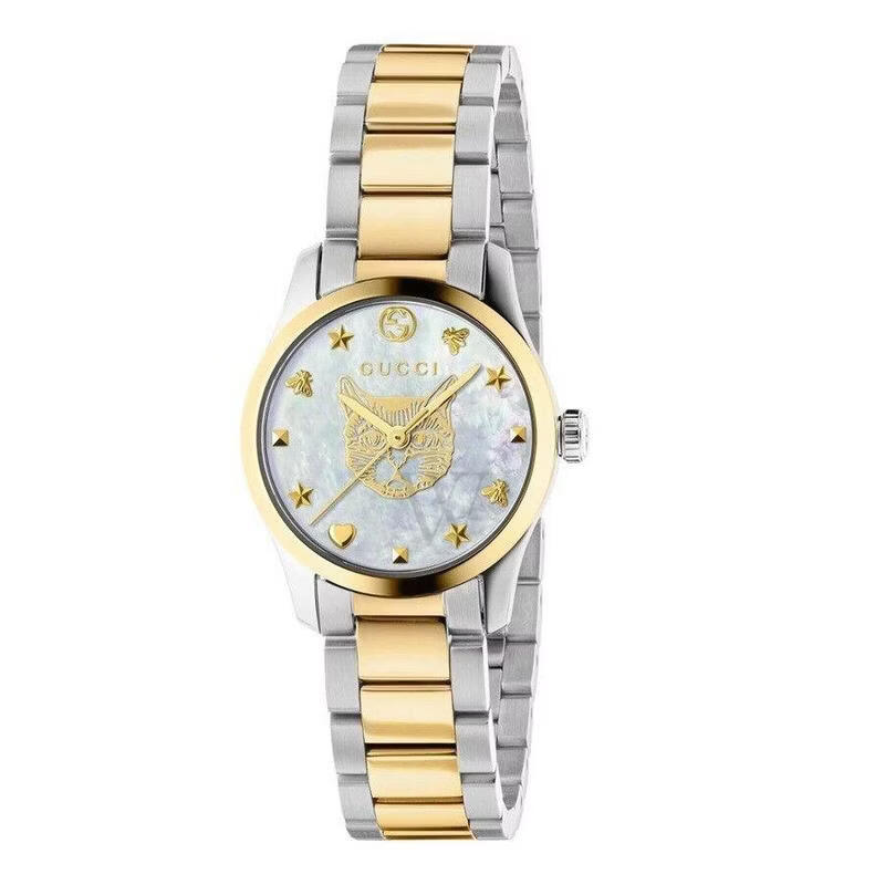 古驰guccigtimeless系列金色猫头贝母盘间金钢带休闲商务女士石英手表