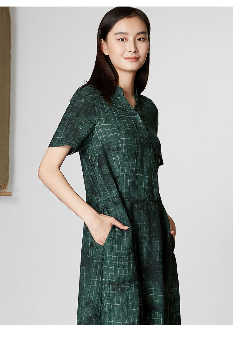qtu原创棉麻女装亚麻色织格纹短袖连衣裙女夏立领大摆长裙lq2408深