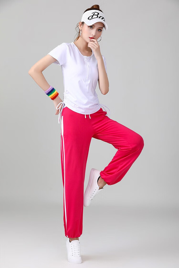 跳舞服装夏天 跳舞运动服 纯棉 团队健身操套装 黑色速干裤 m【图片