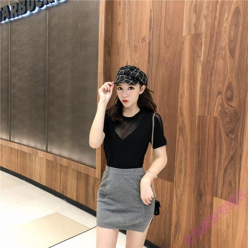 冰丝性感显瘦短袖上衣t恤女夏宽胸蕾丝网纱大码女装200斤 黑色 店铺