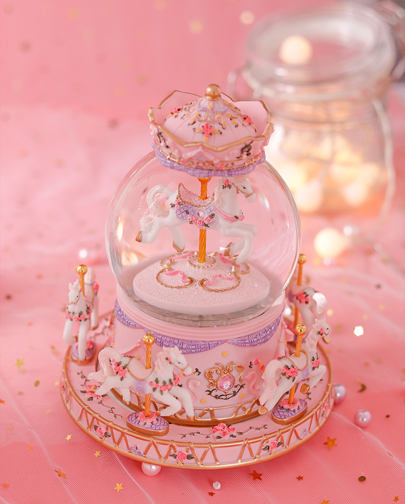旋转木马音乐盒八音盒水晶球送同学小女孩闺蜜生日礼物小摆件 粉色六