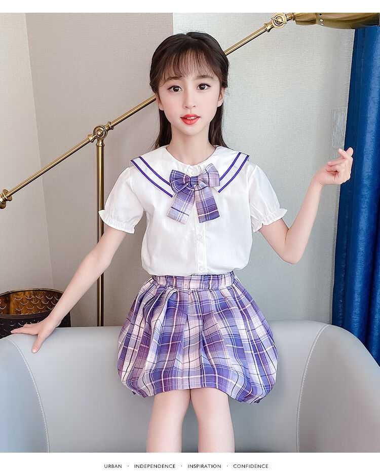 童夏天穿的儿童百褶裙夏季小女孩条纹格子裙校服jk套装洋气紫罗兰150