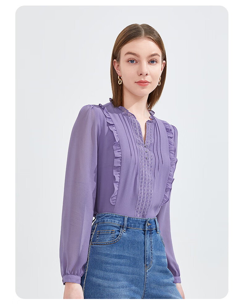 jz玖姿简约通勤雪纺小衫女2022春季新款长袖气质花边钉珠单上衣本白s