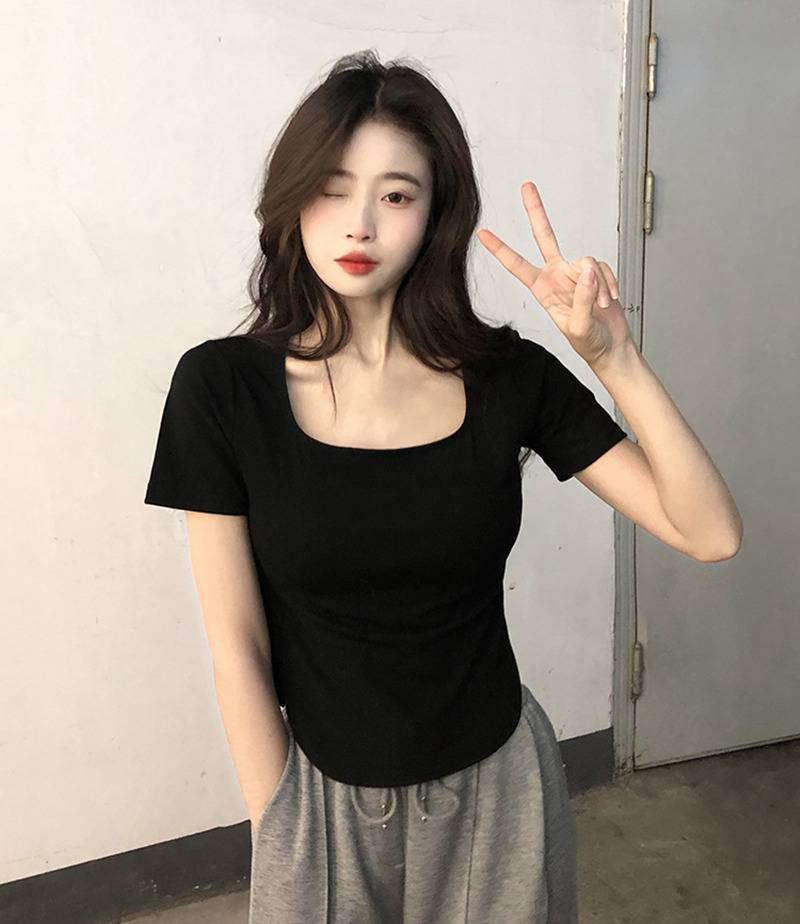 浪莎短袖正肩t恤女装设计感小众紧身短款甜辣妹纯欲bm风上衣ins潮女士