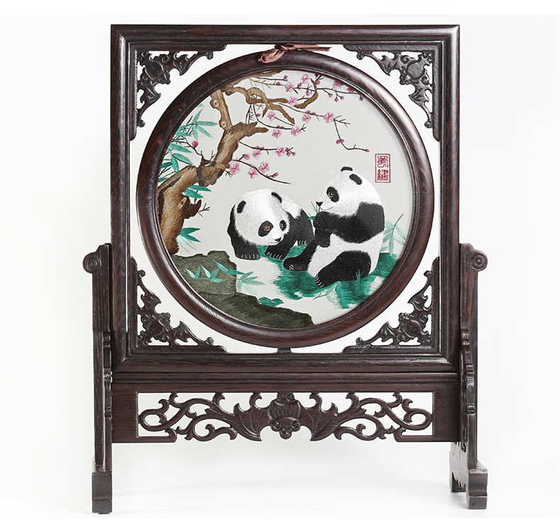 老秀馆蜀绣双面绣大熊猫手工刺绣四川特色中式客厅办公室桌面装饰摆件