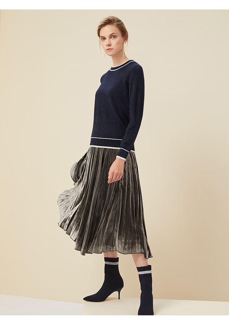 珍贝女装秋冬新款圆领金银色撞色长袖保暖女士羊绒衫tm5861大红s95