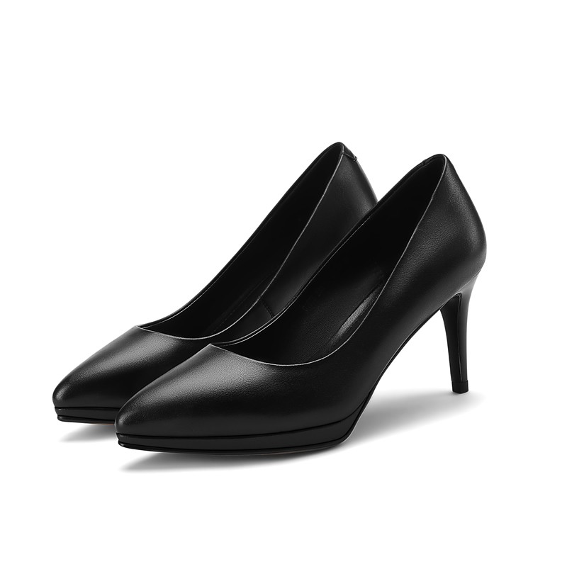 百丽佳嘉(bailijiajia) 春秋款高跟鞋牛皮细跟单鞋尖头女鞋黑色职业装