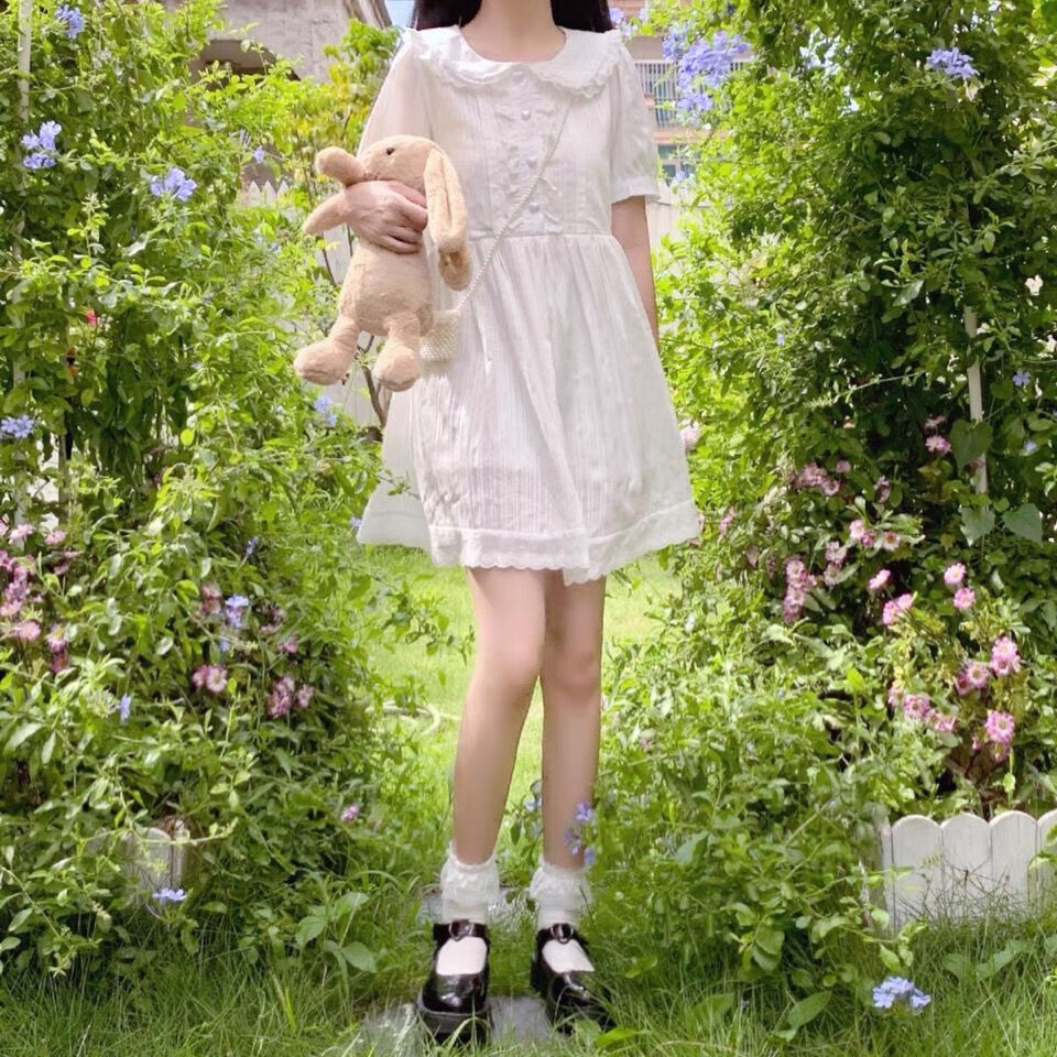 连衣裙女022年夏季新款圆领初恋小白日系纯欲软妹可爱学生宽松少女a字