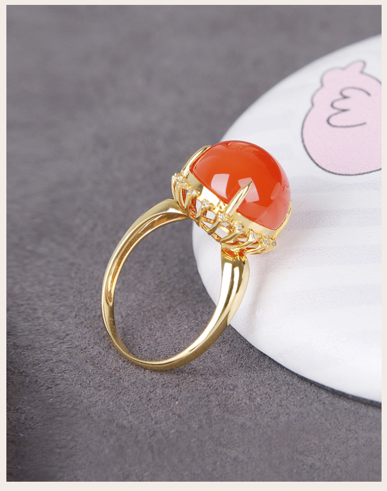 森宝莱 时尚高级感满镶真钻南红戒指女 18k金镶原矿冰红食指戒 高端