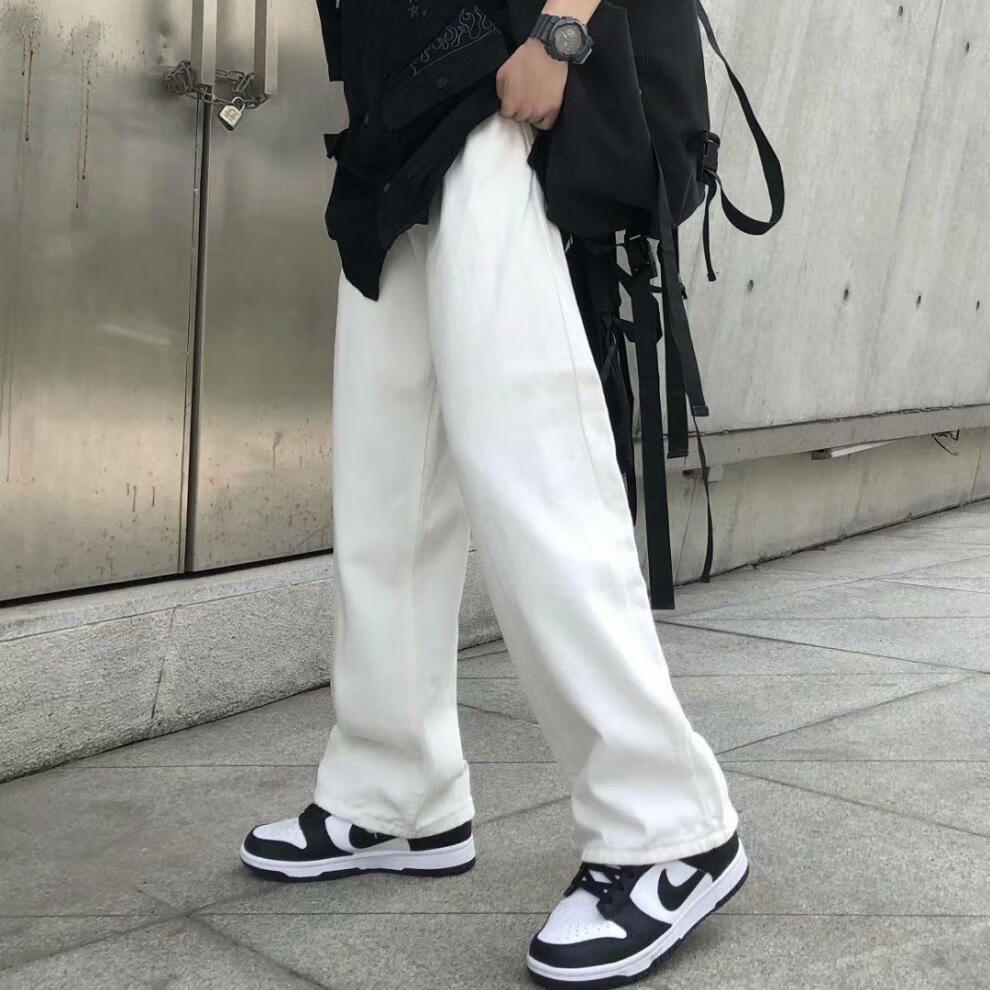 白色牛仔裤男宽松直筒春夏韩版ins加肥加大拖地长裤大码阔腿裤男 白色