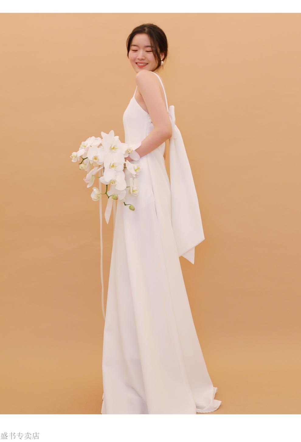 婚纱礼服tansshop后背大蝴蝶结露背白色轻婚纱裙吊带拖地简约礼服裙女