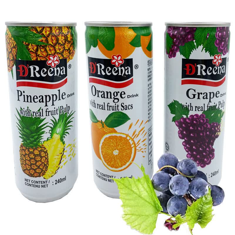 dreena马来西亚进口特丽娜果肉果汁240ml12罐橙汁猕猴桃菠萝葡萄饮料