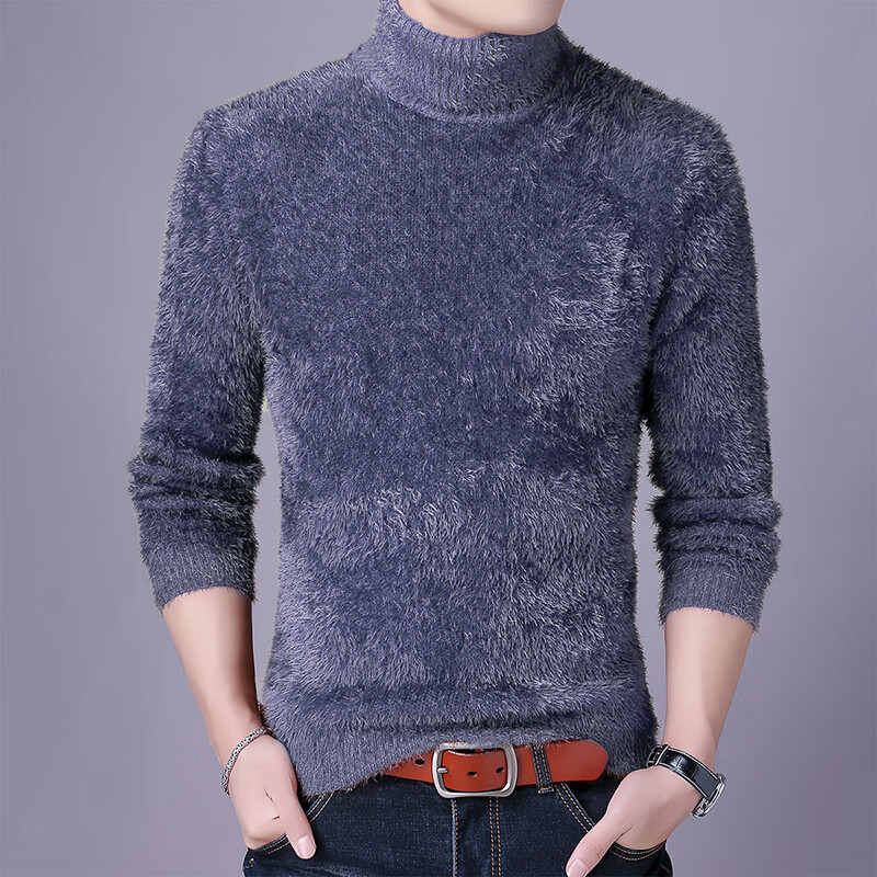 套头马海毛长毛加绒加厚毛绒毛衣男冬羊绒线衣修身高领针织衫保暖
