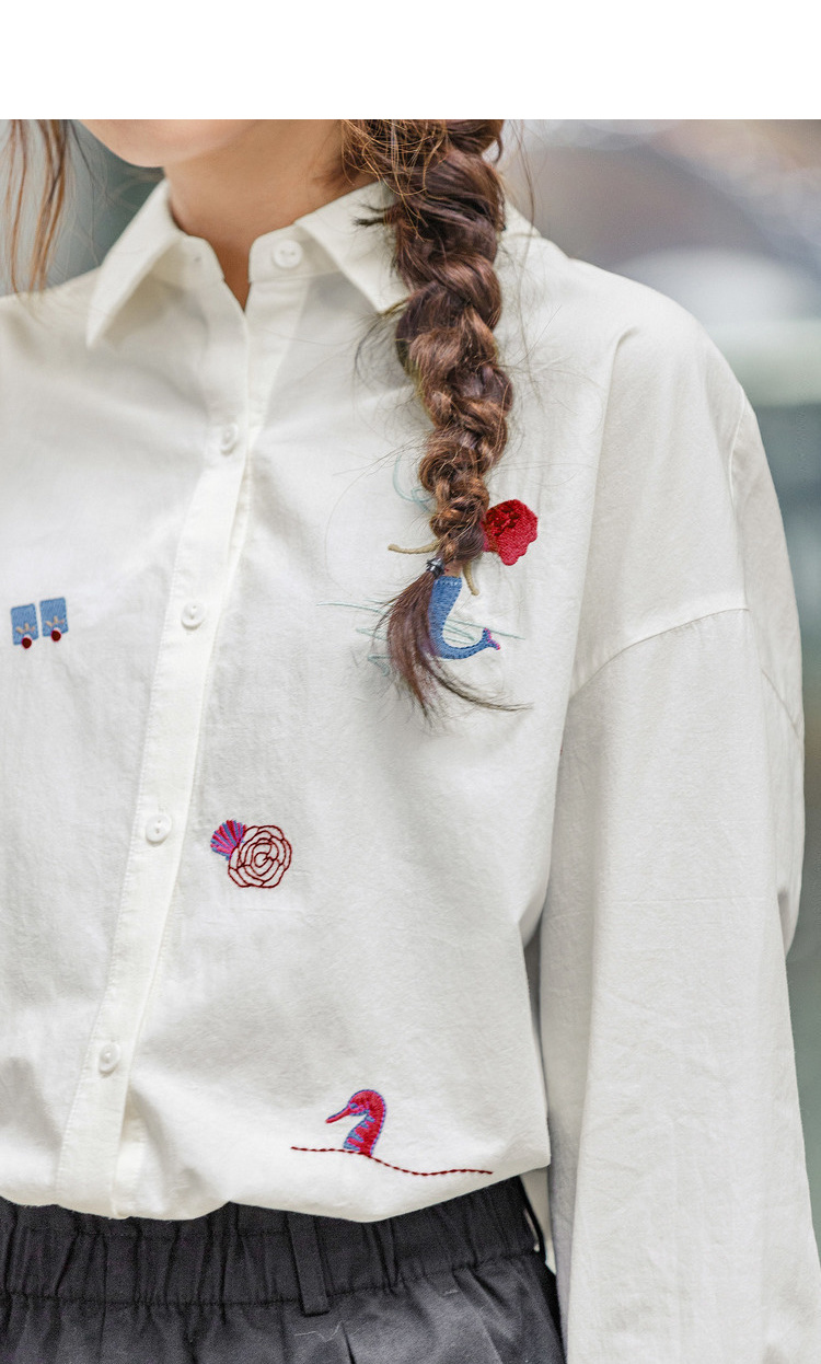 茵曼春装新款文艺修身纯棉绣花小图案长袖衬衣衬衫上衣女【1803868】